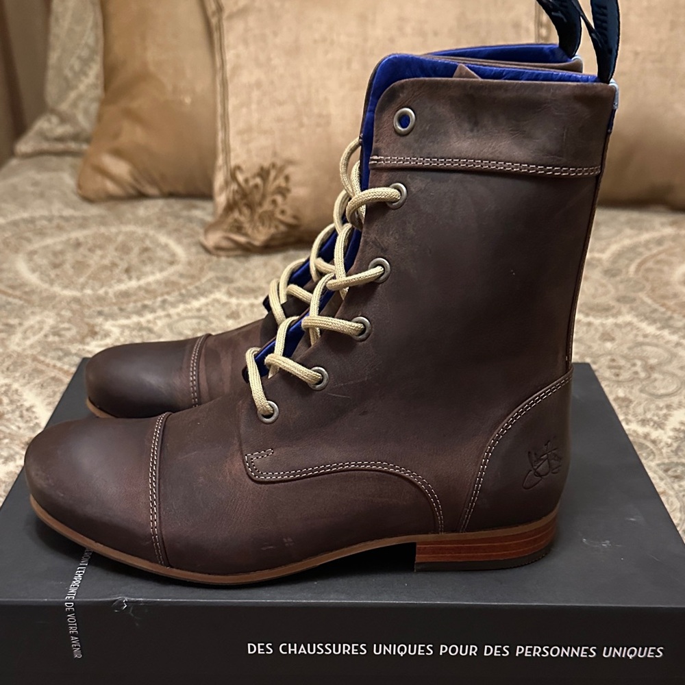 John Fluevog Brown Leather BBC Boots with Blue Lining